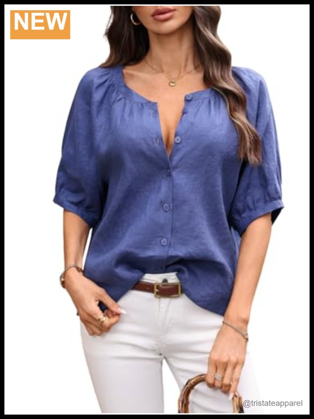 Women's 100% Linen Button Down Shirt Puff Sleeve Crewneck Blouse Top